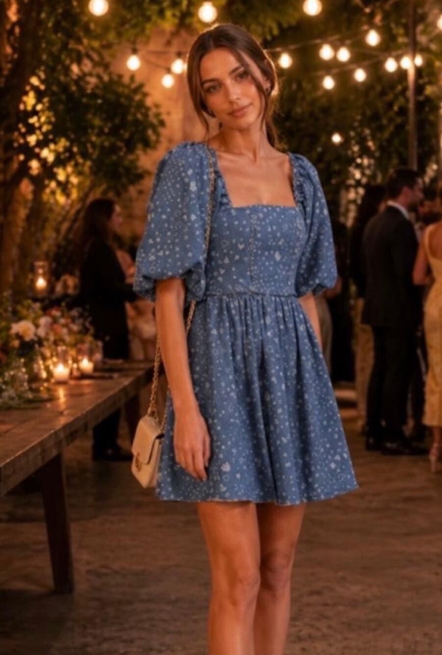 Avec Les Filles Blue Floral Puff Sleeve Bow Back Mini Dress Small NWOT